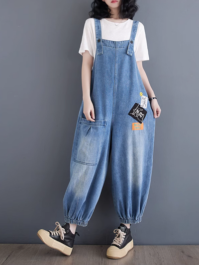 Women's Summer Plus Size Baggy Wide Leg Patch Dungarees