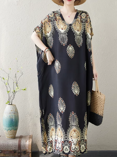 Women's Summer Embroidered Printed High Waist Kaftan Dress