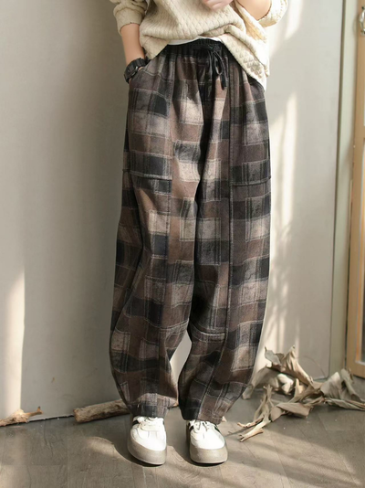 Women Harem Velvet Plaid Versatile Retro Print Bottom