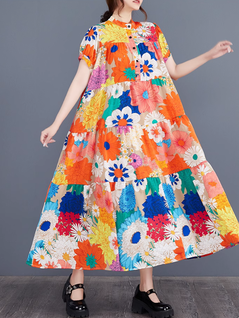 Women's Summer Floral Elegance Large Flower Print Loose A-line Dress