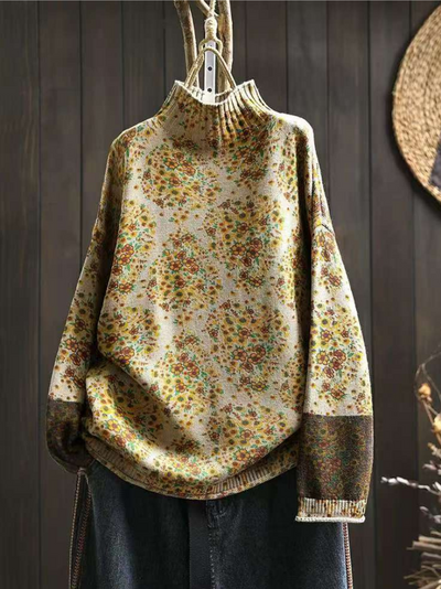 Women's Autumn and Winter Retro Half-Turtle Collar Printed Sweater