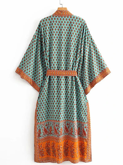 Evatrends cotton gown robe printed kimonos, Outerwear, : 90% Cotton, 10% Viscose, Nightwear, long kimono, Board Sleeves, loose fitting, Print with Eye-catching Contrast