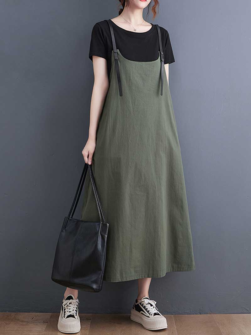 Plain Green and Black Hemp Material Salopette Dress